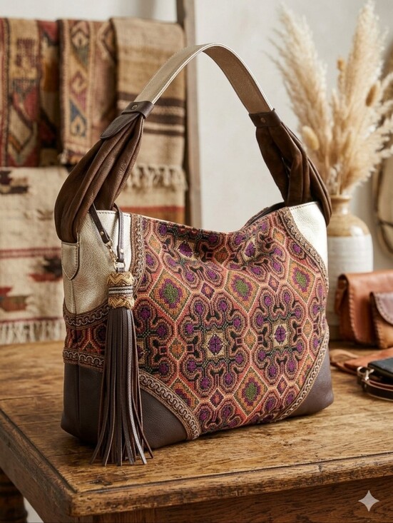 Sharif Handbags - SHARIF  Melange Needlepoint Hobo Boho Bag (Brown)